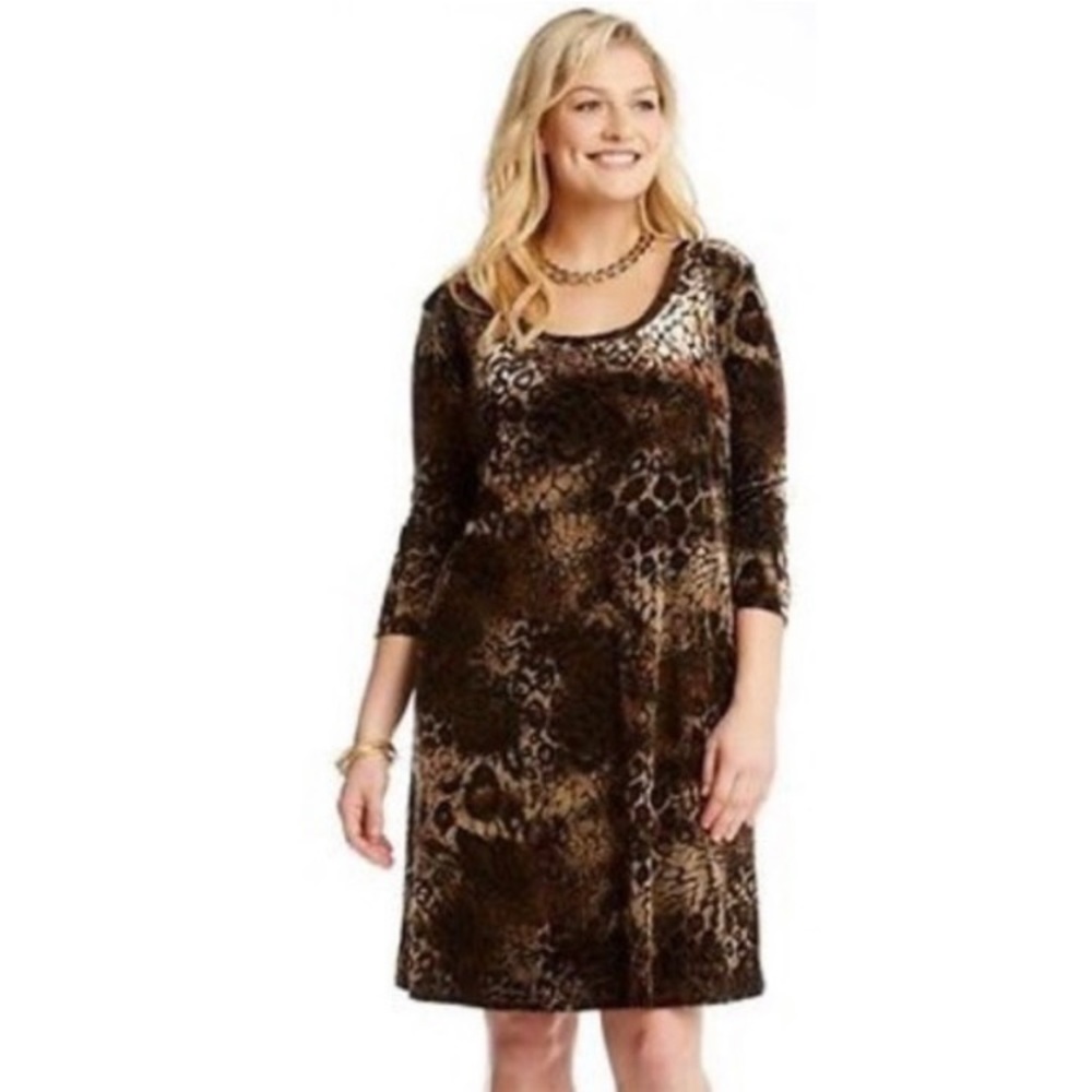 Karen Kane~Long Sleeve Animal Print Burn Out‎ Velour Knee Length Dress~Sz L